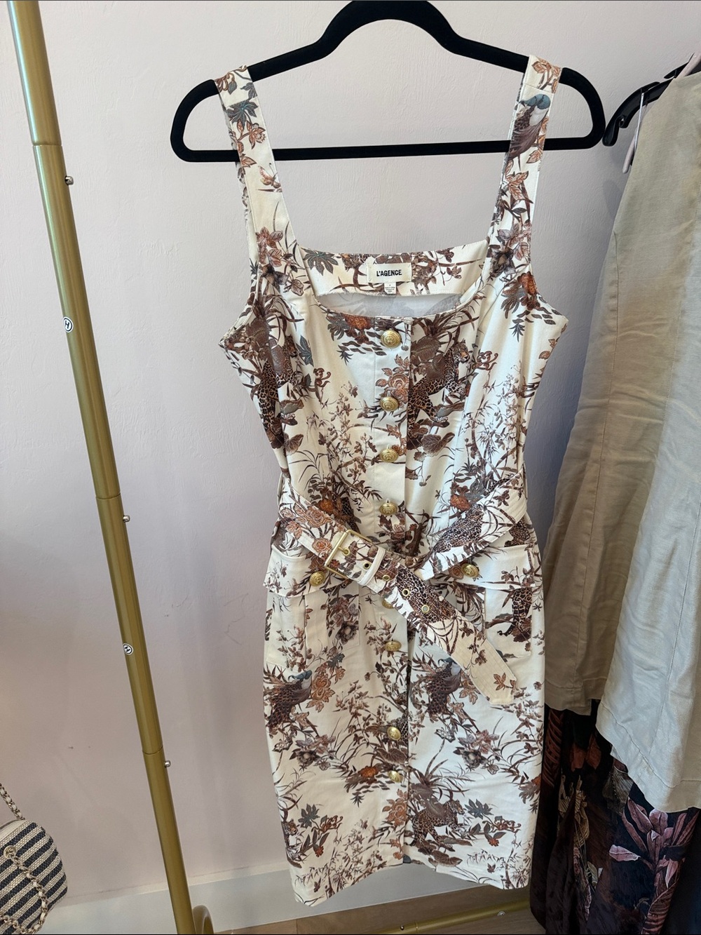 L'AGENCE Cream Floral Belted Mini Dress with Brown Print